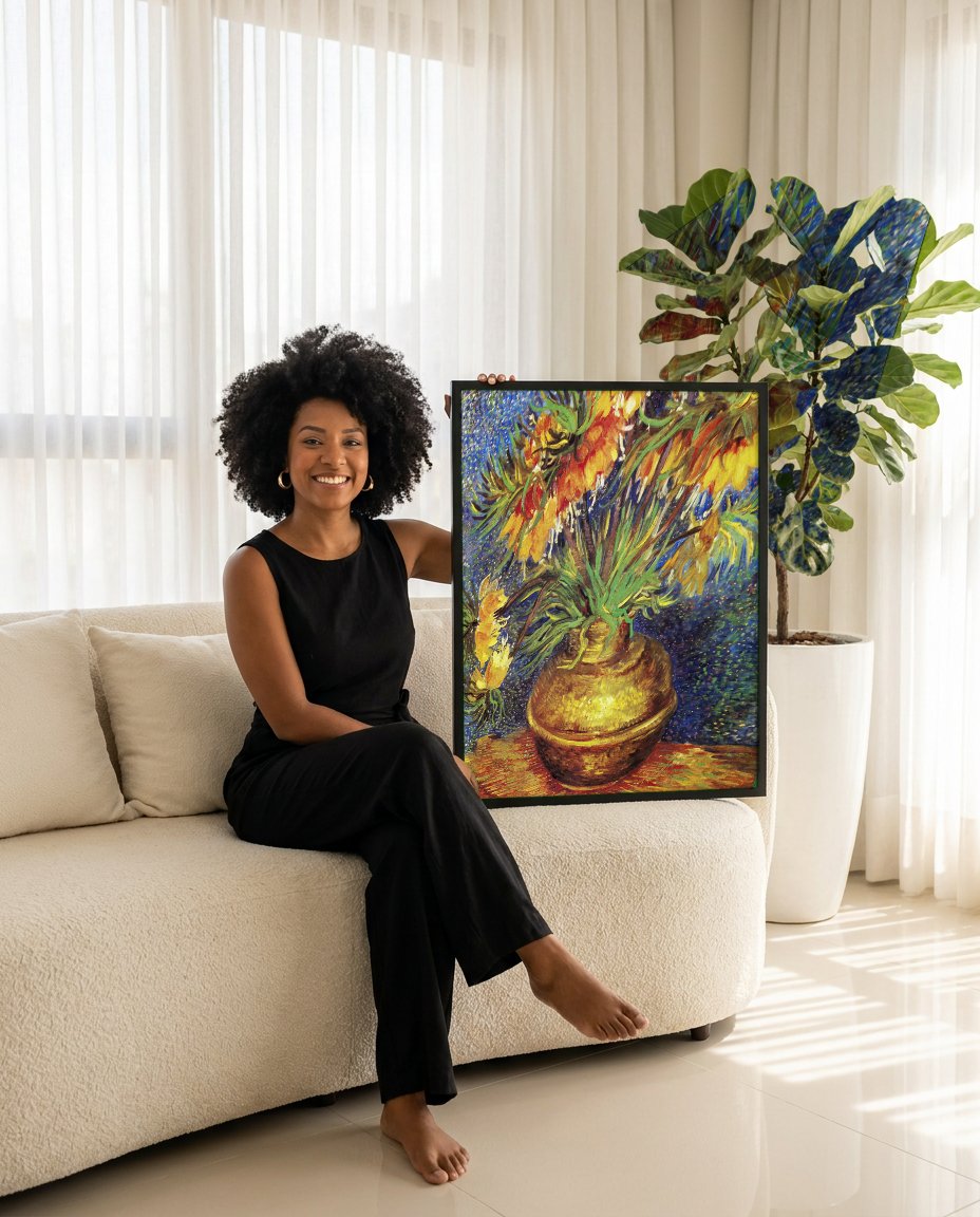 Quadro Decorativo Fritillarias Imperiais - Van Gogh com modelo em ambiente