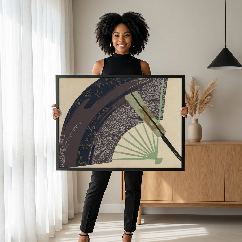 Quadro Decorativo Leque e Ondas - Kamisaka Sekka com modelo em ambiente
