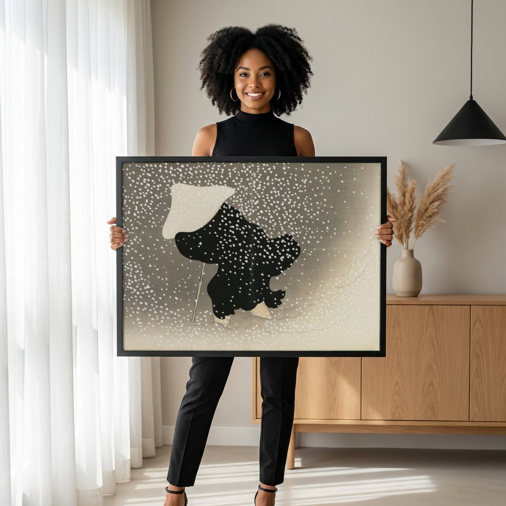 Quadro Decorativo Neve Japonesa - Kamisaka Sekka com modelo em ambiente