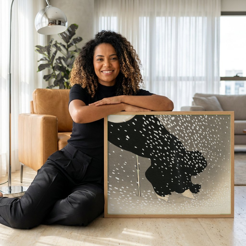 Quadro Decorativo Neve Japonesa - Kamisaka Sekka com modelo em ambiente