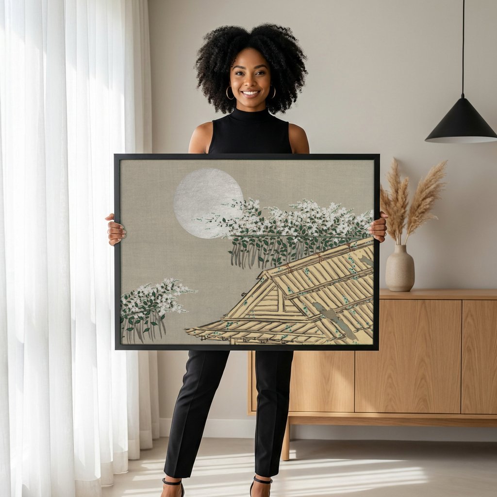 Quadro Decorativo Lua e Flores - Kamisaka Sekka com modelo em ambiente