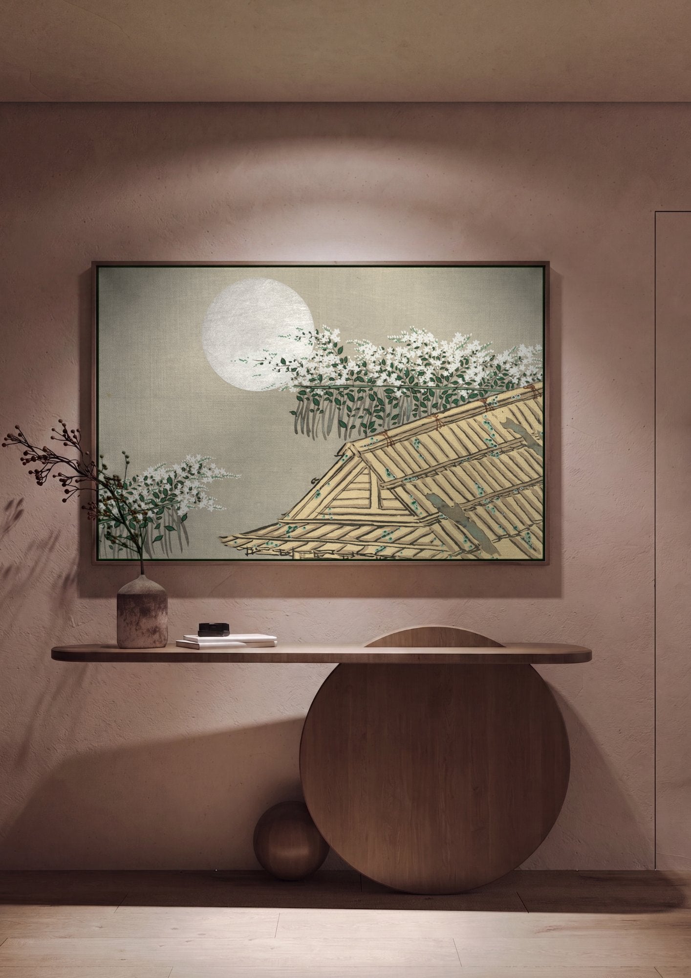 Quadro Decorativo Lua e Flores - Kamisaka Sekka em ambiente decorado