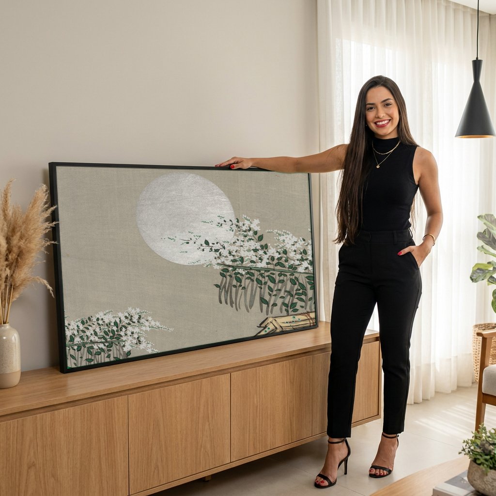 Quadro Decorativo Lua e Flores - Kamisaka Sekka com modelo em ambiente