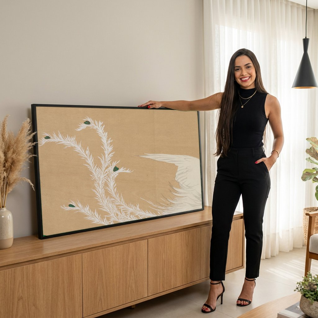 Quadro Decorativo Fênix Branca - Kamisaka Sekka com modelo em ambiente