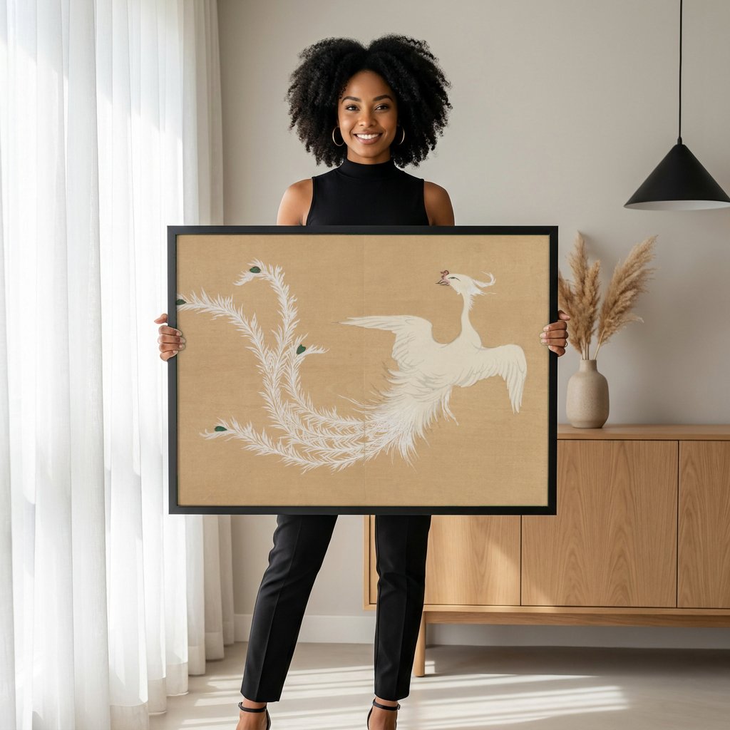 Quadro Decorativo Fênix Branca - Kamisaka Sekka com modelo em ambiente