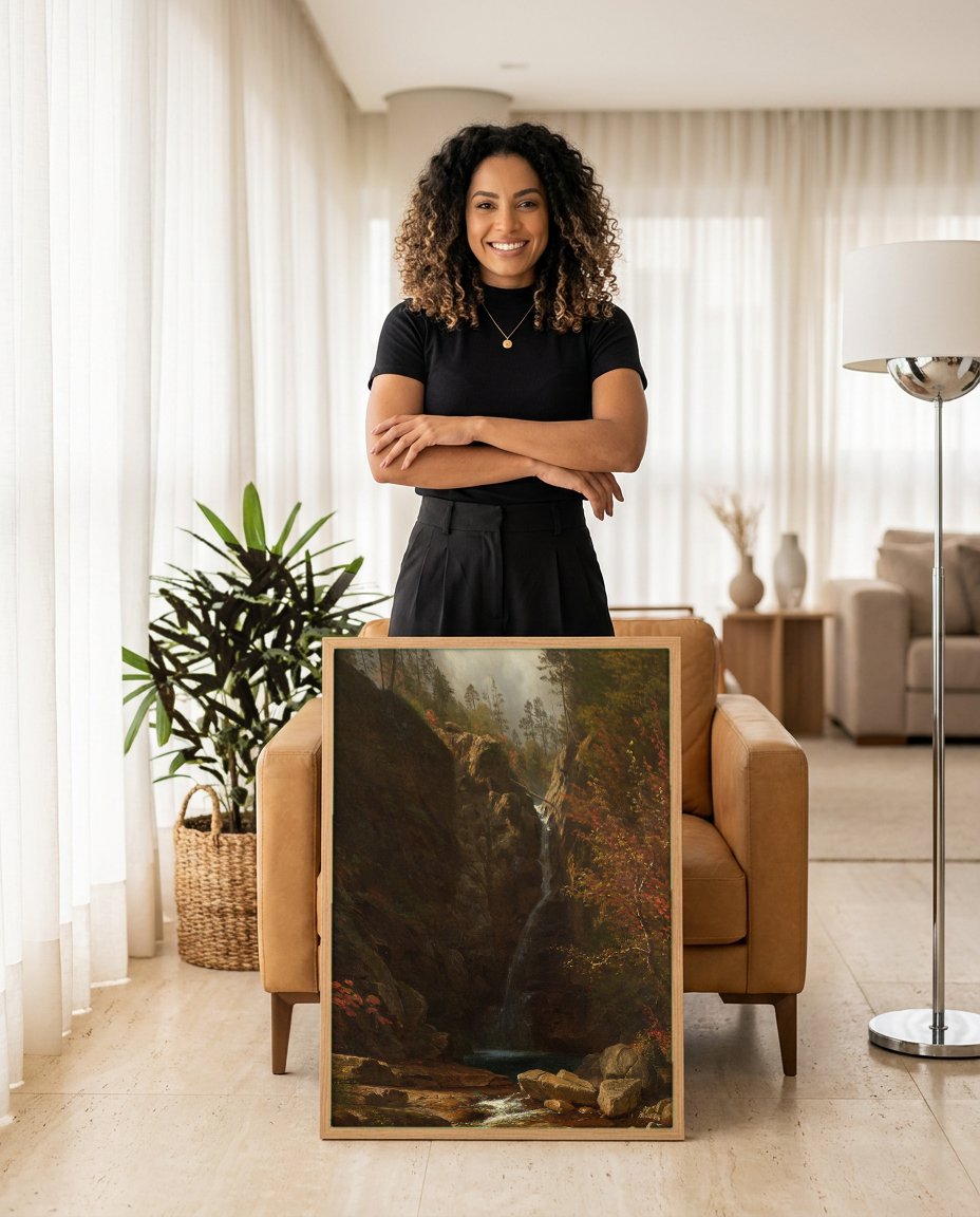 Quadro Decorativo Cascata na Floresta - Albert Bierstadt com modelo em ambiente