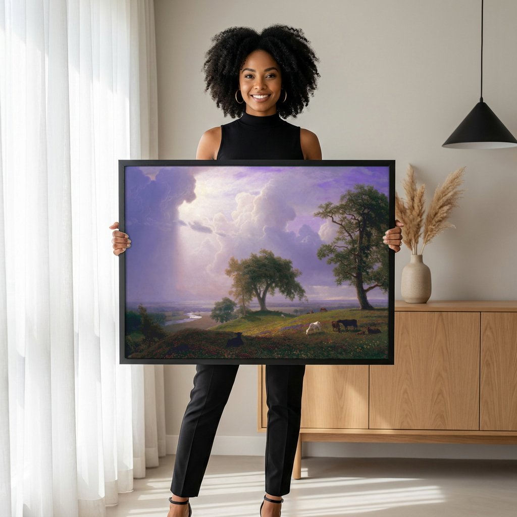 Quadro Decorativo Paisagem com Nuvens - Albert Bierstadt com modelo em ambiente