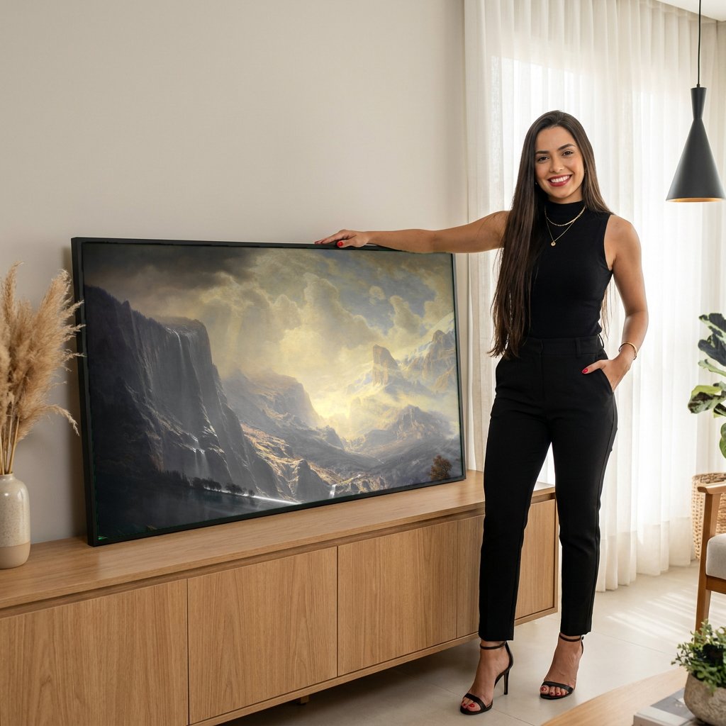 Quadro Decorativo A Luz das Montanhas - Albert Bierstadt com modelo em ambiente