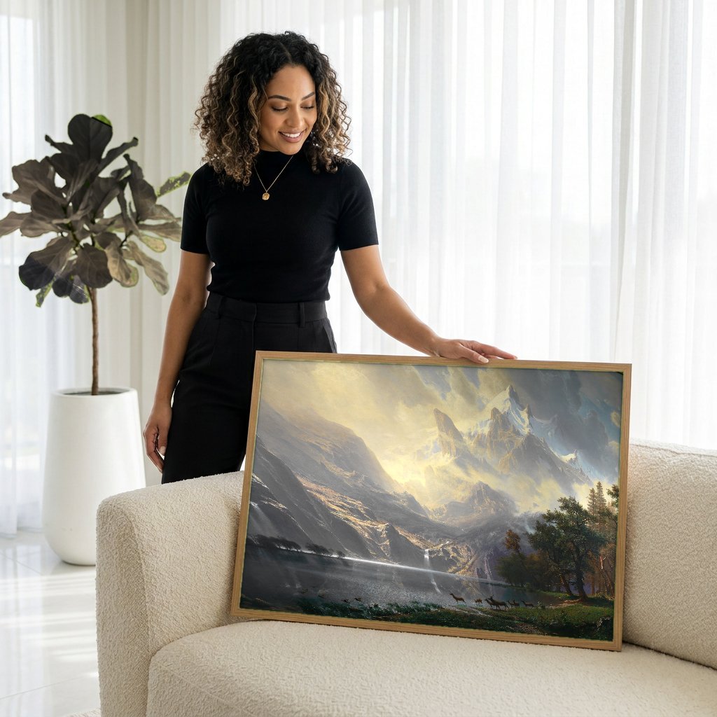Quadro Decorativo A Luz das Montanhas - Albert Bierstadt com modelo em ambiente
