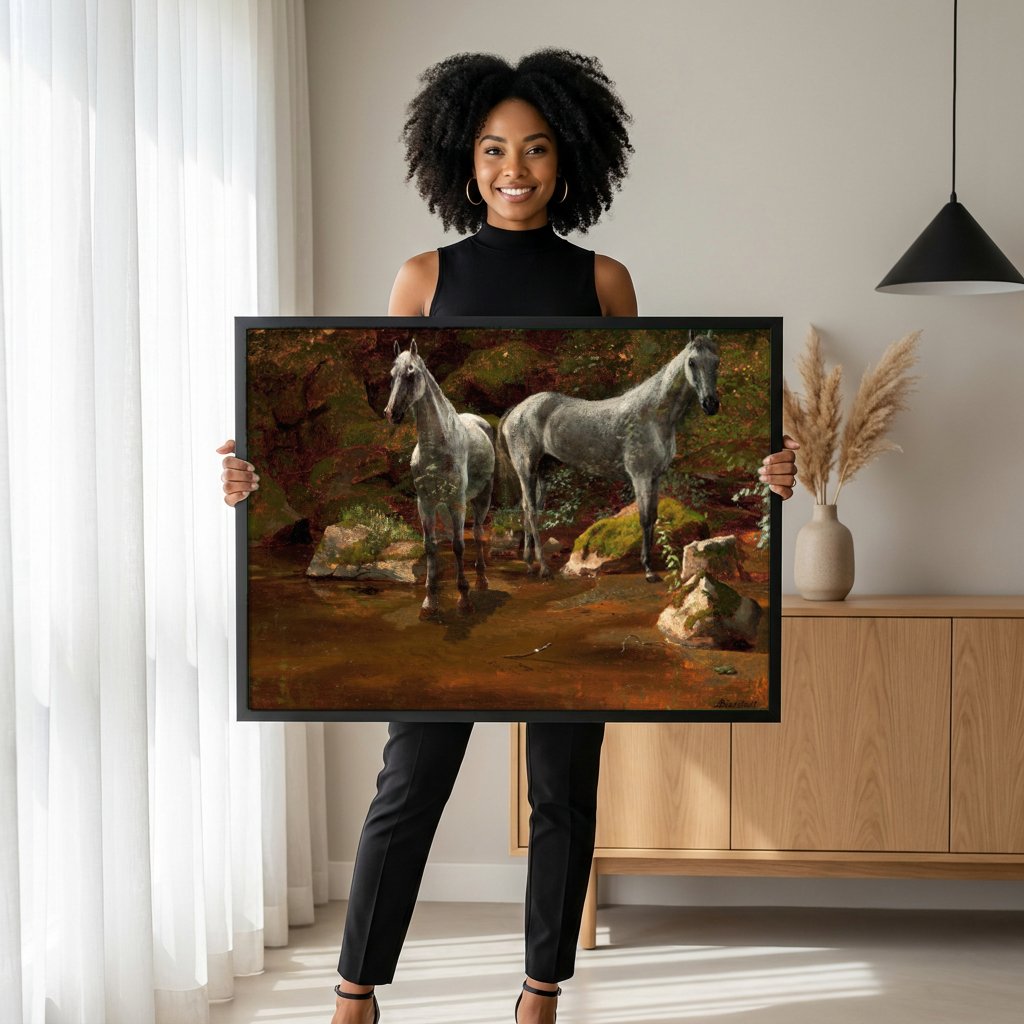 Quadro Decorativo Cavalos na Floresta - Albert Bierstadt com modelo em ambiente