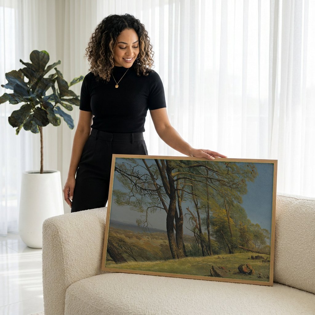 Quadro Decorativo Paisagem Arborizada - Albert Bierstadt com modelo em ambiente