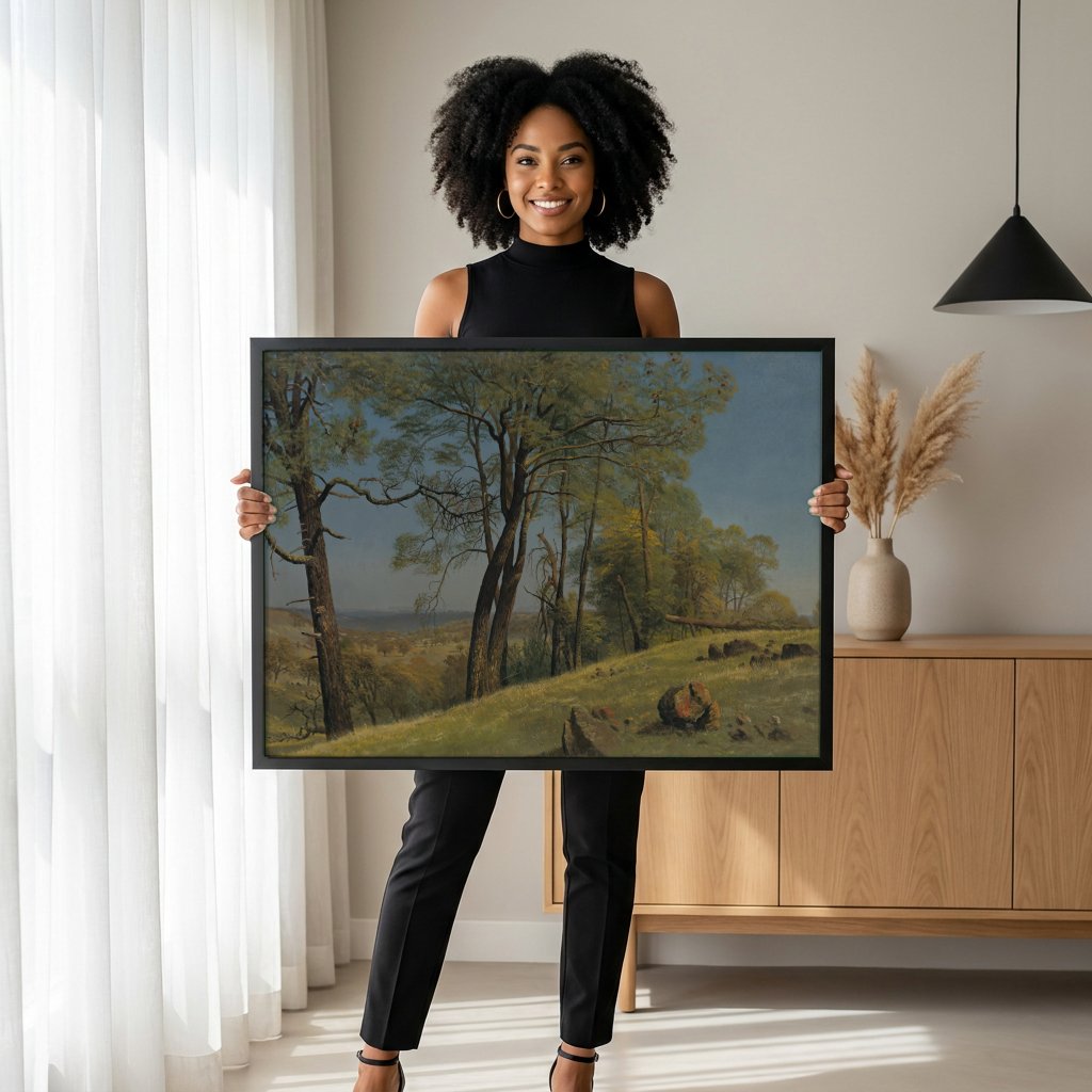 Quadro Decorativo Paisagem Arborizada - Albert Bierstadt com modelo em ambiente