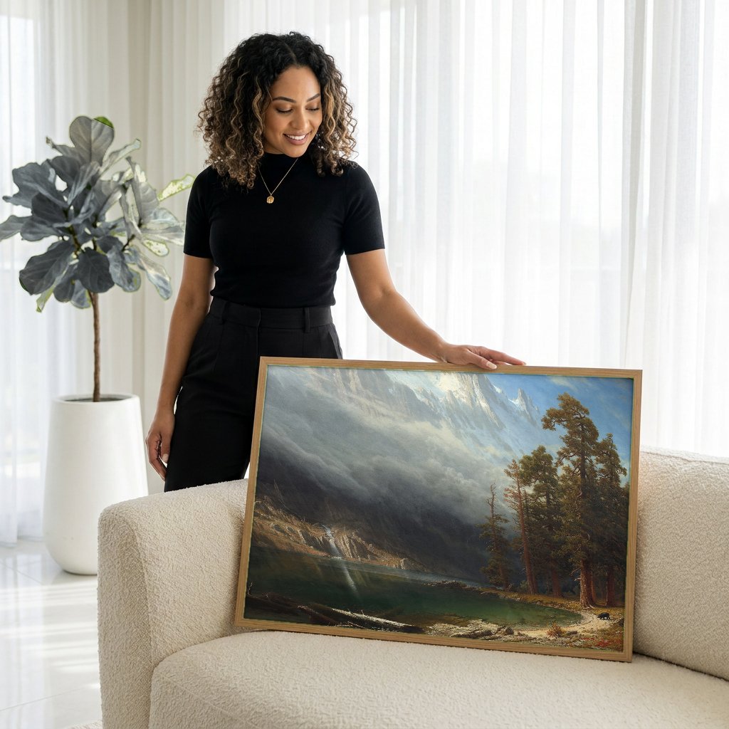 Quadro Decorativo Montanhas Rochosas - Albert Bierstadt com modelo em ambiente