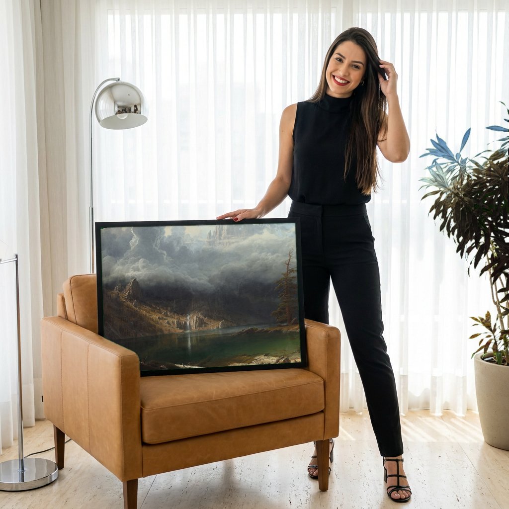 Quadro Decorativo Montanhas Rochosas - Albert Bierstadt com modelo em ambiente