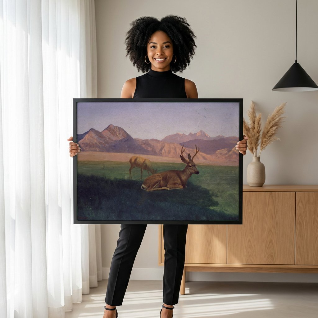Quadro Decorativo Cervos na Montanha - Albert Bierstadt com modelo em ambiente