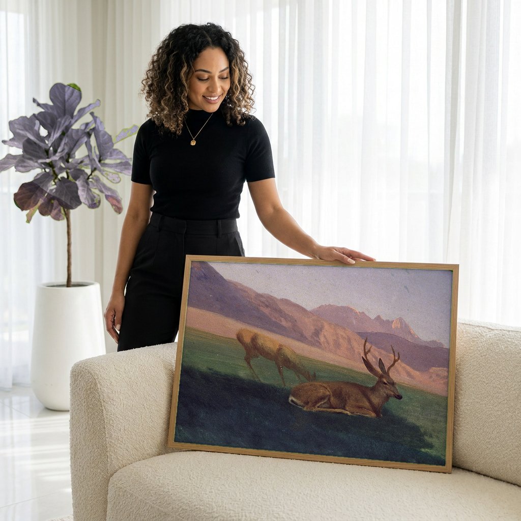 Quadro Decorativo Cervos na Montanha - Albert Bierstadt com modelo em ambiente