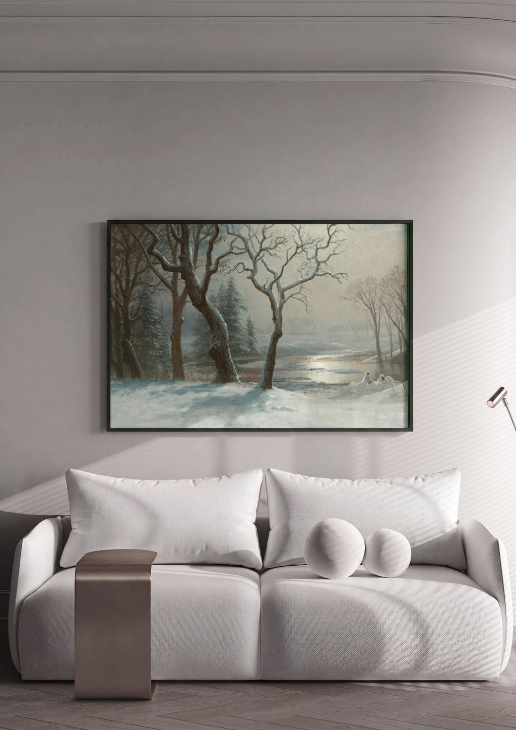 Quadro Decorativo Inverno Neve e Sol - Albert Bierstadt em ambiente decorado