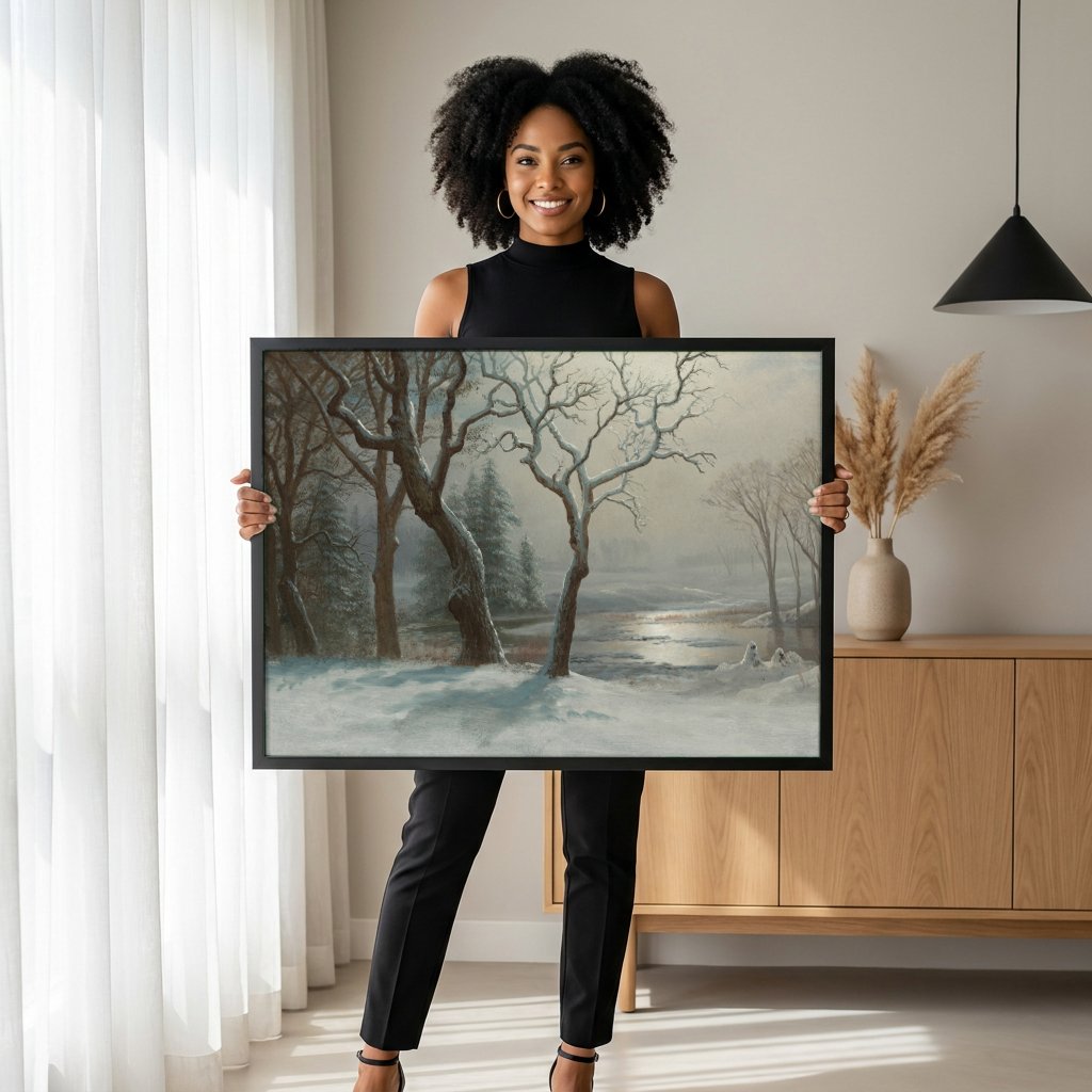 Quadro Decorativo Inverno Neve e Sol - Albert Bierstadt com modelo em ambiente