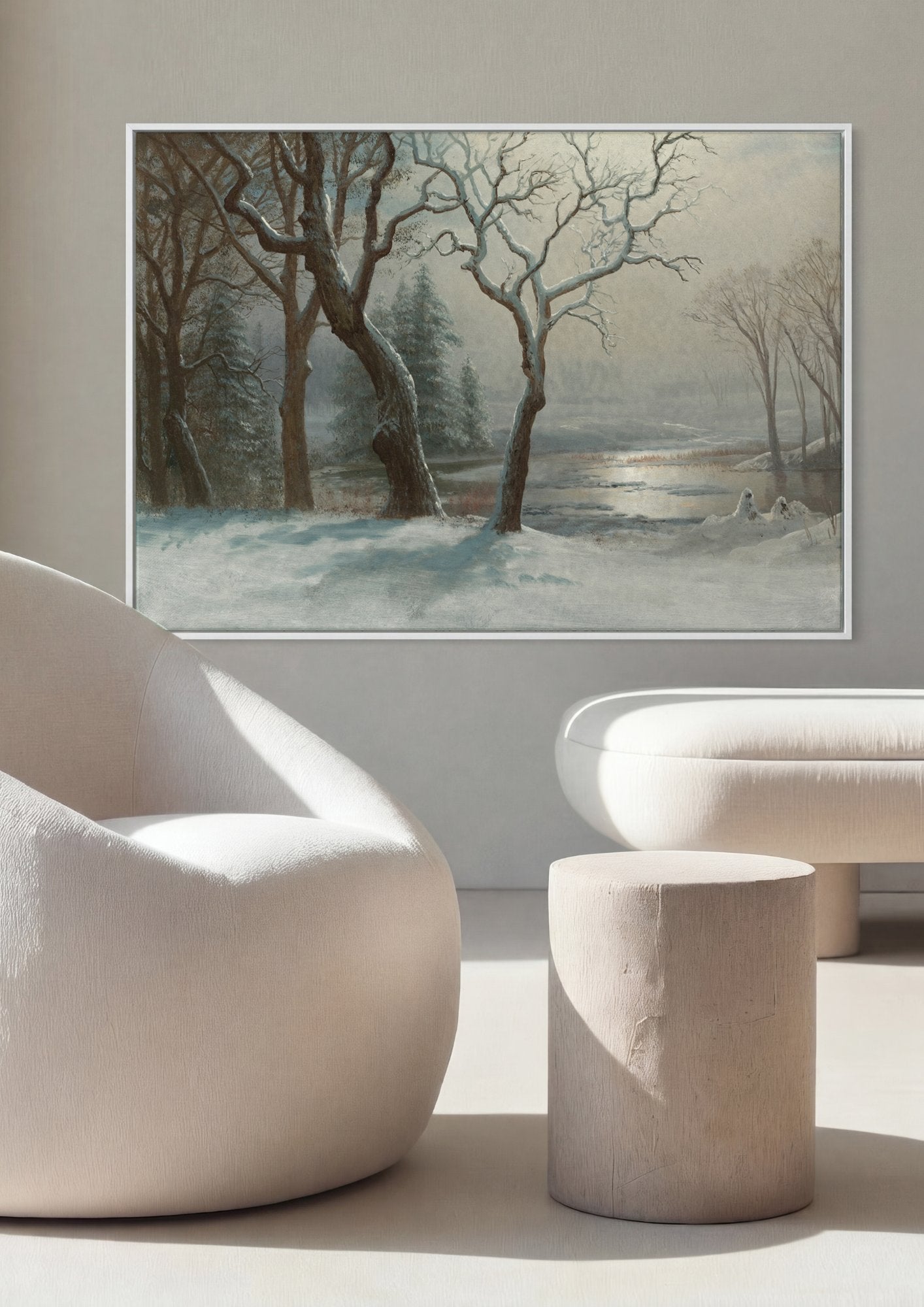 Quadro Decorativo Inverno Neve e Sol - Albert Bierstadt em ambiente decorado