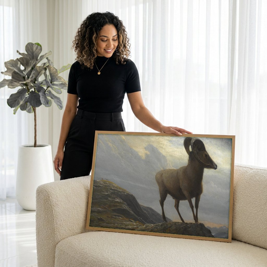 Quadro Decorativo Carneiro Montanhês - Albert Bierstadt com modelo em ambiente