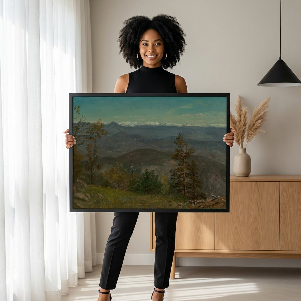 Quadro Decorativo Montanhas Rochosas - Albert Bierstadt com modelo em ambiente