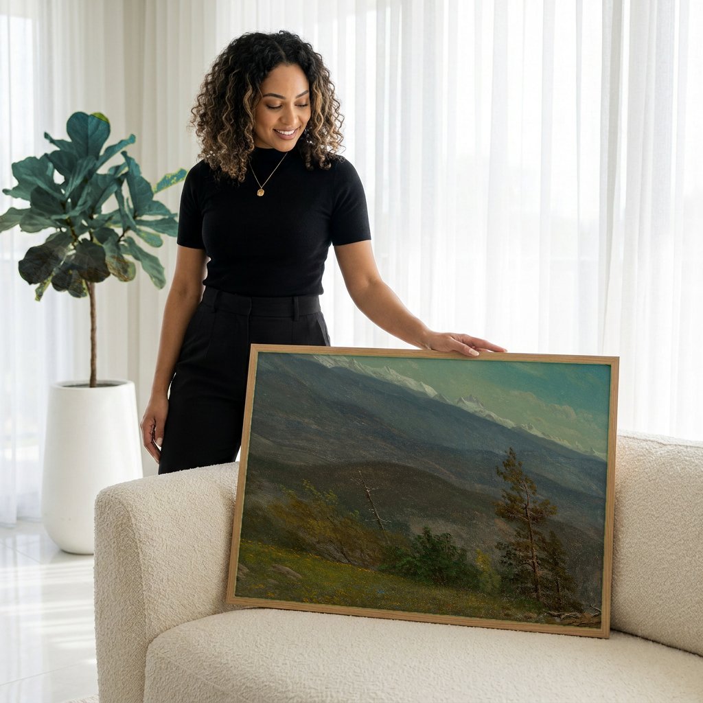 Quadro Decorativo Montanhas Rochosas - Albert Bierstadt com modelo em ambiente