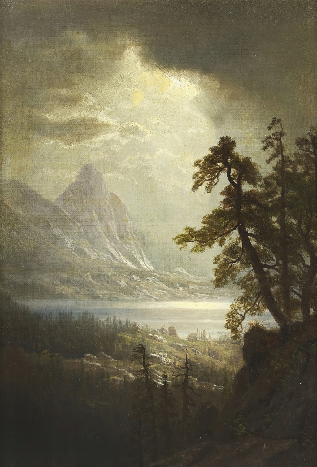 Pintura a óleo de Albert Bierstadt mostrando uma paisagem montanhosa com um lago, nuvens dramáticas e raios de sol, com árvores escuras em primeiro plano.