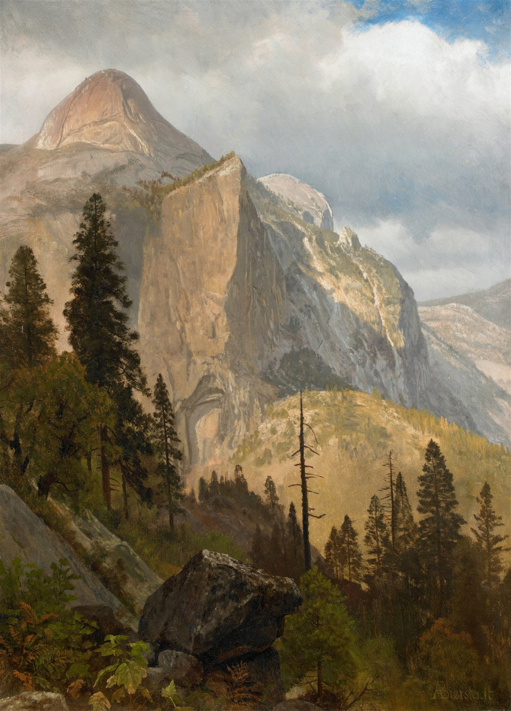 Pintura a óleo de paisagem montanhosa de Albert Bierstadt, mostrando o Half Dome no Yosemite Valley com árvores verdes e céu nublado.