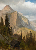 Pintura a óleo de paisagem montanhosa de Albert Bierstadt, mostrando o Half Dome no Yosemite Valley com árvores verdes e céu nublado.
