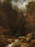 Quadro decorativo mostrando uma cascata caindo entre rochas e árvores frondosas, com um riacho fluindo em primeiro plano, em estilo romântico de paisagem. Obra atribuída a Albert Bierstadt.