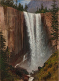 Pintura a óleo de Albert Bierstadt retratando a cachoeira Yosemite Falls, com água branca caindo de um penhasco rochoso marrom, cercada por árvores verdes escuras e montanhas distantes sob um céu azul claro.