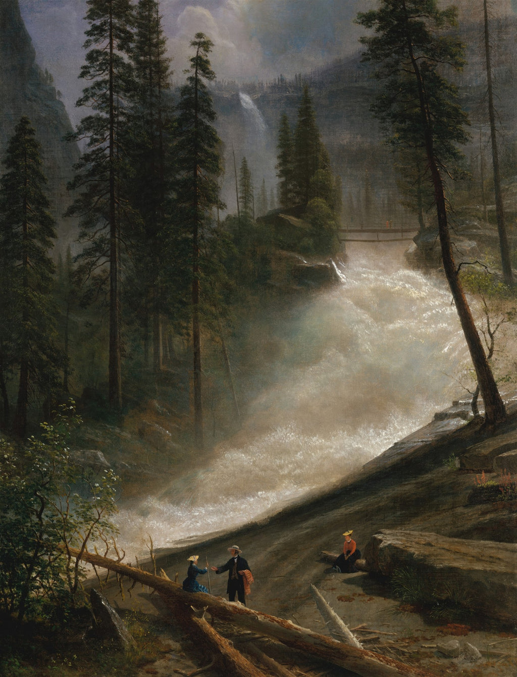 Quadro decorativo com paisagem montanhosa, pinheiros altos e uma cachoeira grandiosa. Pessoas pequenas observam a natureza. Obra de Albert Bierstadt.