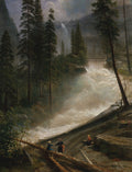 Quadro decorativo com paisagem montanhosa, pinheiros altos e uma cachoeira grandiosa. Pessoas pequenas observam a natureza. Obra de Albert Bierstadt.