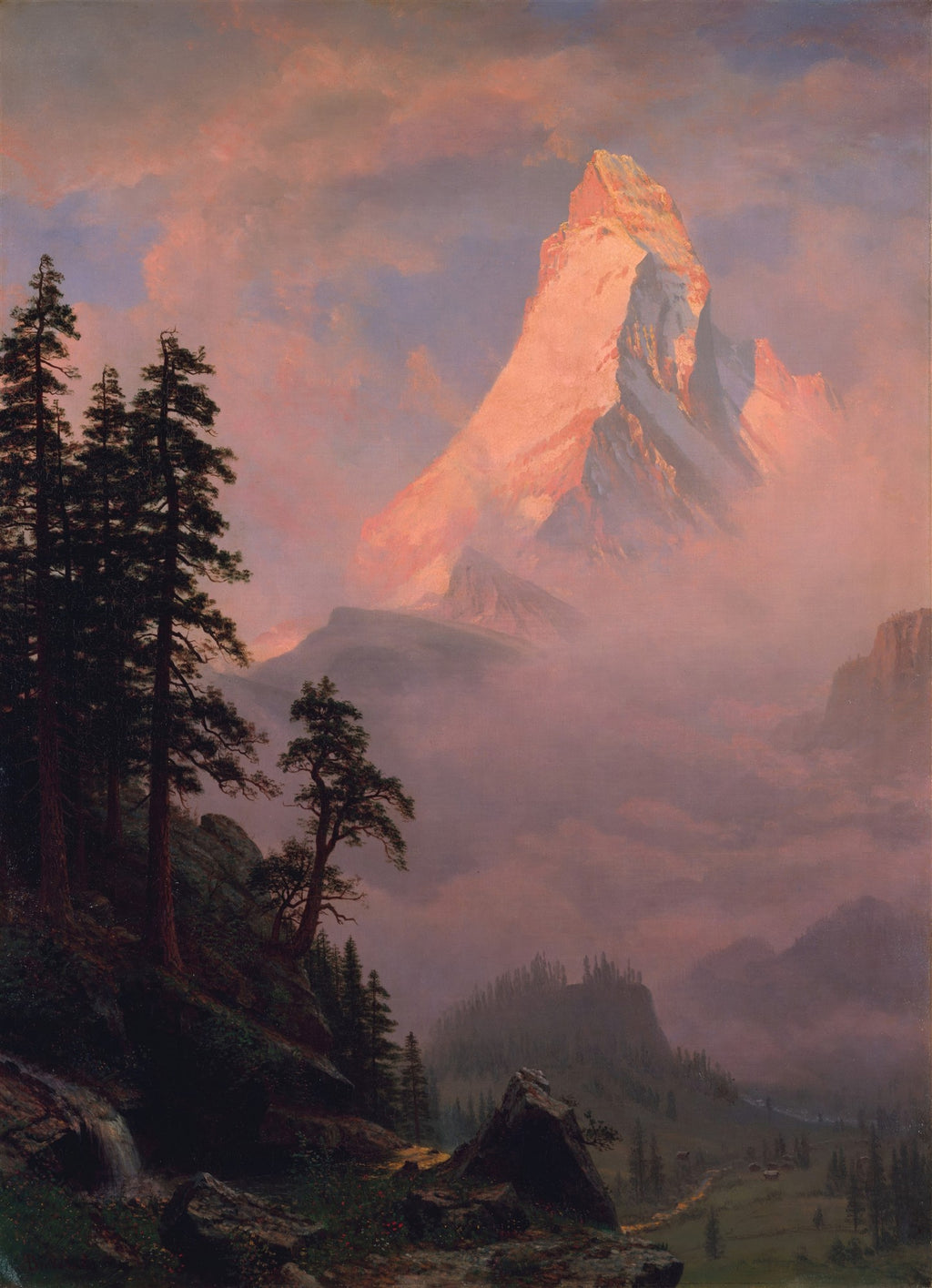 Pintura a óleo de Albert Bierstadt mostrando o Matterhorn ao amanhecer, com a montanha iluminada em tons de rosa e laranja, envolta por névoa e rodeada por árvores escuras em primeiro plano e um vale distante.
