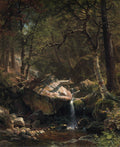 Pintura a óleo de Albert Bierstadt, mostrando uma floresta densa com grandes rochas musgosas e uma pequena cachoeira, com raios de sol iluminando pontos específicos da cena. Uma pequena ave azul repousa em um tronco sobre a água.