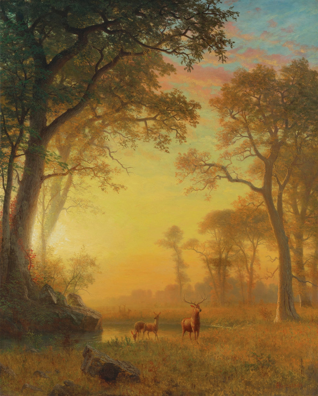 Quadro decorativo com paisagem de floresta ao pôr do sol, com veados próximos a um riacho, pintado por Albert Bierstadt. A luz amarela e laranja domina a cena.