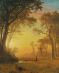 Quadro decorativo com paisagem de floresta ao pôr do sol, com veados próximos a um riacho, pintado por Albert Bierstadt. A luz amarela e laranja domina a cena.
