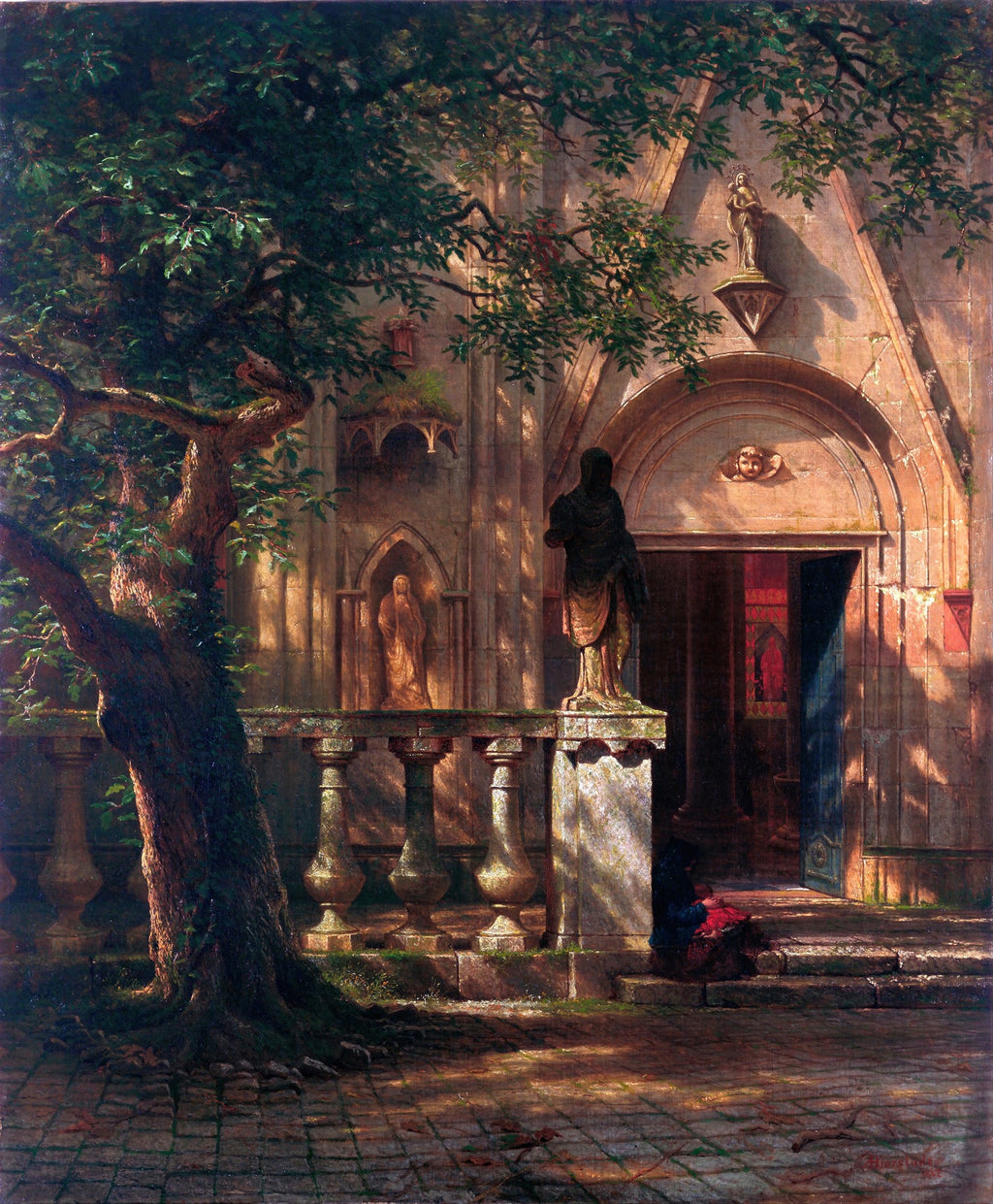 Quadro decorativo "A Igreja" de Albert Bierstadt, representando uma fachada de igreja antiga iluminada por raios de sol que filtram por uma grande árvore