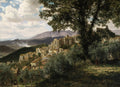 Pintura a óleo de Albert Bierstadt mostrando uma vila italiana em uma encosta de montanha, com oliveiras em primeiro plano e montanhas ao fundo sob um céu nublado.