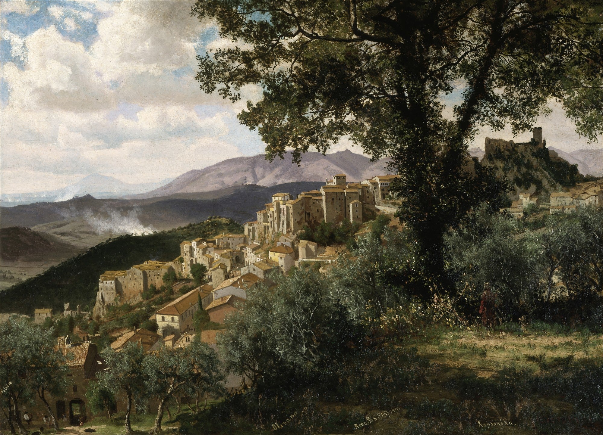 Pintura a óleo de Albert Bierstadt mostrando uma vila italiana em uma encosta de montanha, com oliveiras em primeiro plano e montanhas ao fundo sob um céu nublado.
