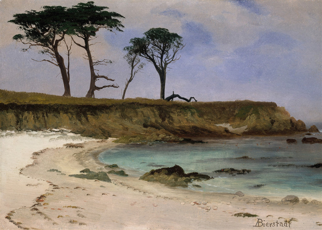 Pintura a óleo de Albert Bierstadt mostrando uma praia de areia clara com águas azul-turquesa e falésias rochosas. No topo da falésia, árvores altas com folhagem verde escura se destacam contra um céu azul claro com nuvens esparsas.