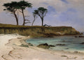 Pintura a óleo de Albert Bierstadt mostrando uma praia de areia clara com águas azul-turquesa e falésias rochosas. No topo da falésia, árvores altas com folhagem verde escura se destacam contra um céu azul claro com nuvens esparsas.