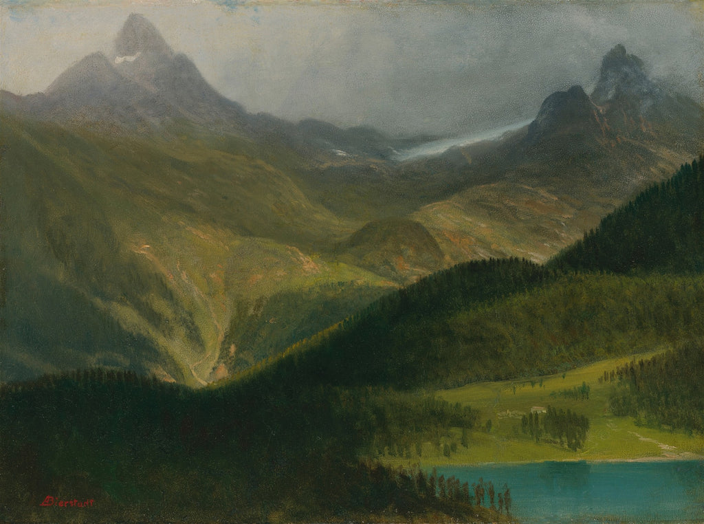 Quadro decorativo de uma paisagem alpina com montanhas imponentes, florestas verdes e um lago azul-turquesa, atribuído a Albert Bierstadt.