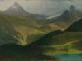 Quadro decorativo de uma paisagem alpina com montanhas imponentes, florestas verdes e um lago azul-turquesa, atribuído a Albert Bierstadt.
