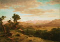 Uma paisagem montanhosa grandiosa em tons terrosos e céu azul claro com nuvens, com árvores em primeiro plano e picos nevados ao fundo, pintada por Albert Bierstadt. A imagem é uma impressão fine art em papel Kodak com moldura e vidro.