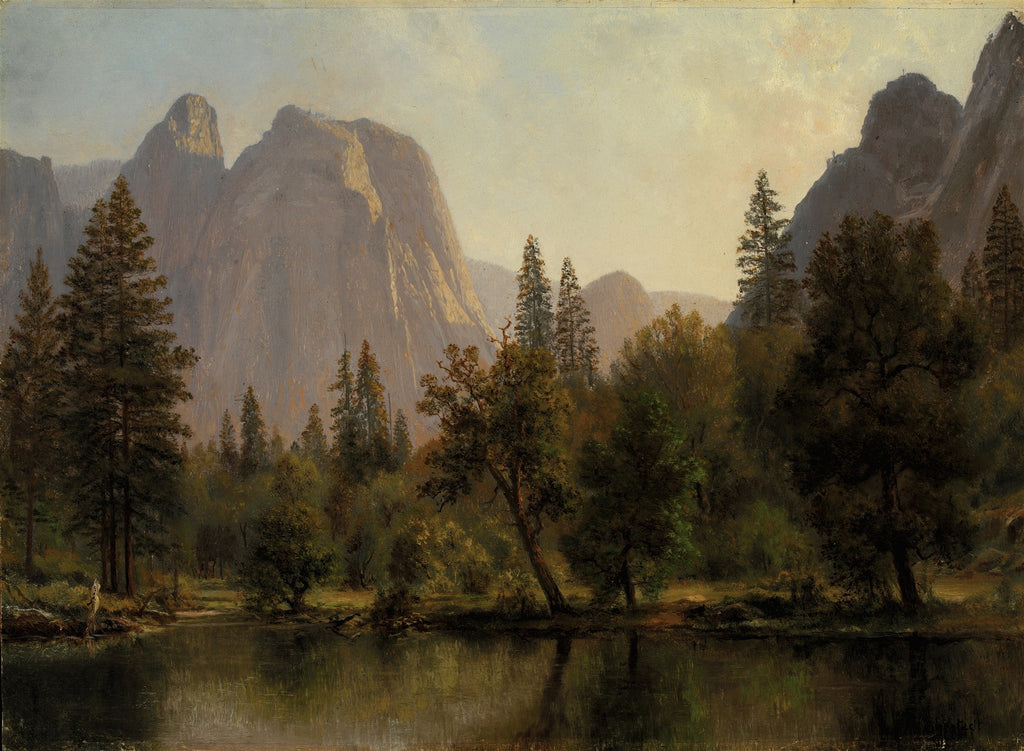 Pintura a óleo de Albert Bierstadt mostrando o Vale de Yosemite. Montanhas rochosas imponentes sob um céu claro, com florestas densas e um lago tranquilo no primeiro plano, refletindo a paisagem.