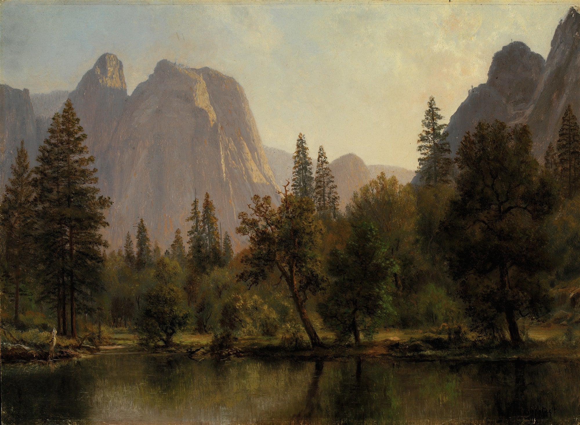 Pintura a óleo de Albert Bierstadt mostrando o Vale de Yosemite. Montanhas rochosas imponentes sob um céu claro, com florestas densas e um lago tranquilo no primeiro plano, refletindo a paisagem.