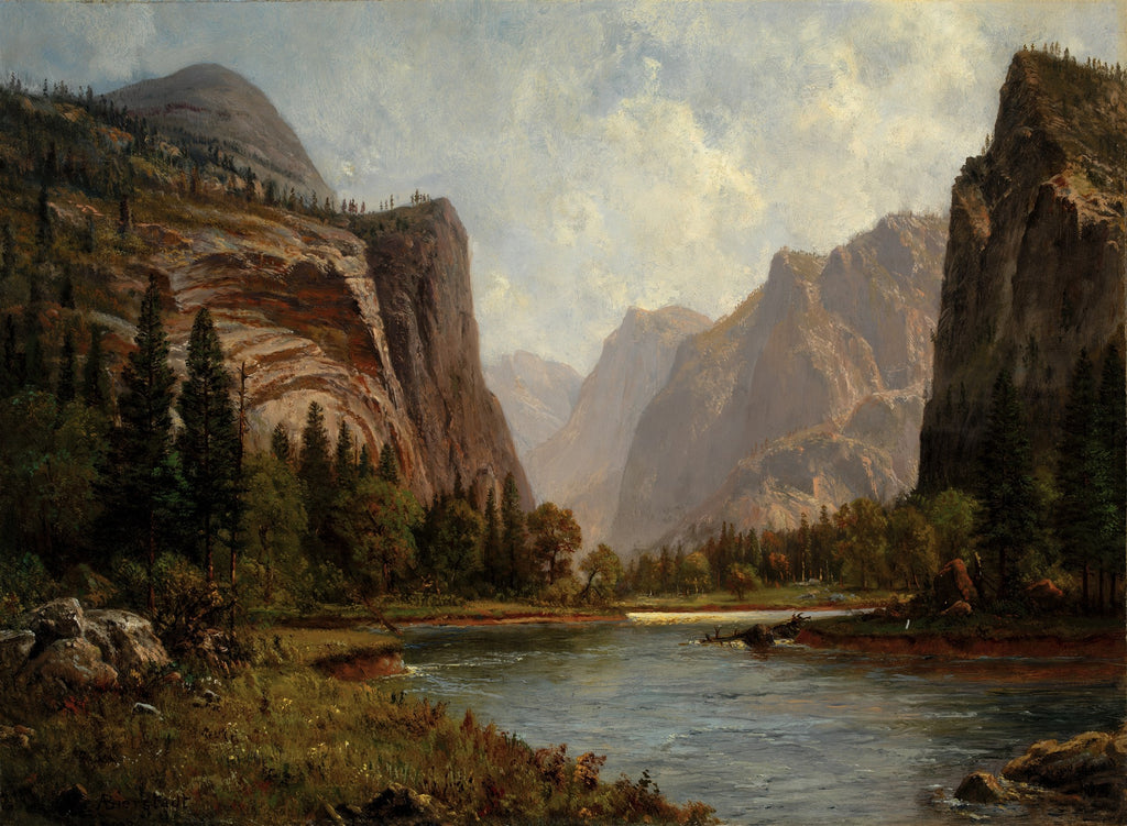 Pintura a óleo de Albert Bierstadt, "Valley of the Yosemite", mostrando um vale majestoso com montanhas imponentes, um rio sereno e florestas densas sob um céu parcialmente nublado.