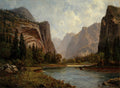Pintura a óleo de Albert Bierstadt, "Valley of the Yosemite", mostrando um vale majestoso com montanhas imponentes, um rio sereno e florestas densas sob um céu parcialmente nublado.