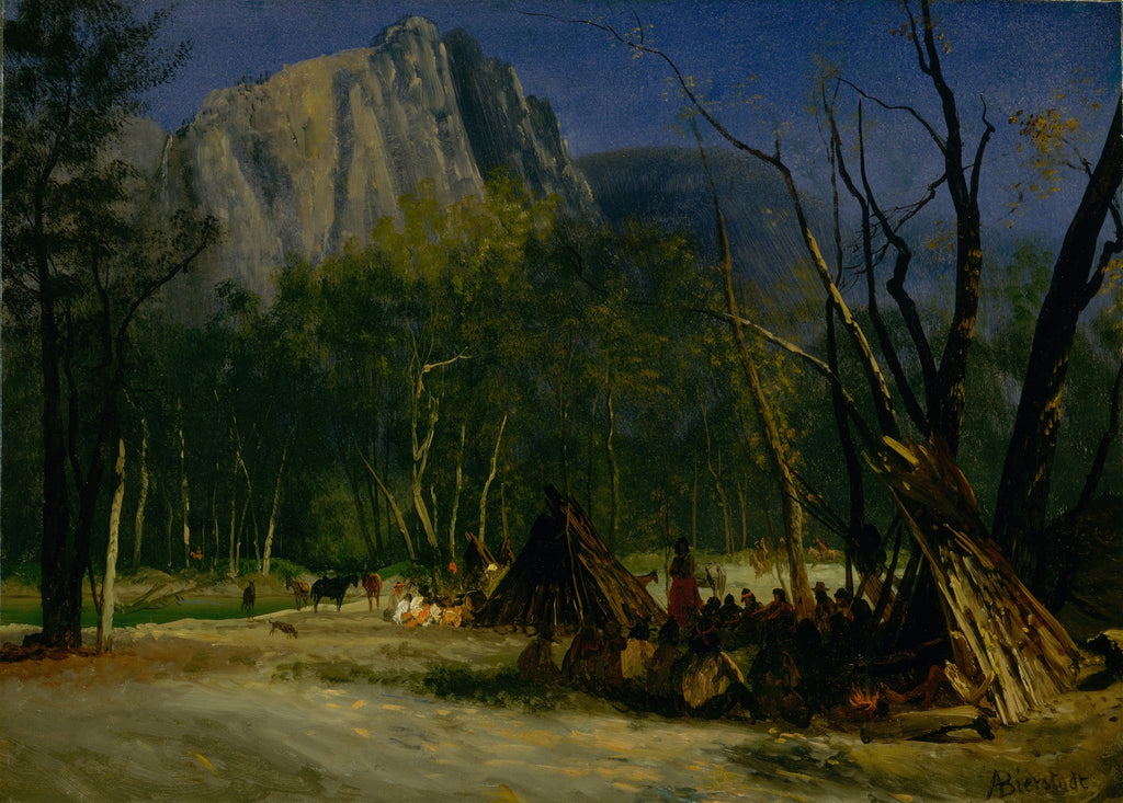 Pintura a óleo de Albert Bierstadt, 'Indian Encampment, Yosemite', mostrando um acampamento indígena à noite sob uma montanha rochosa, com árvores escuras e céu azul-escuro.